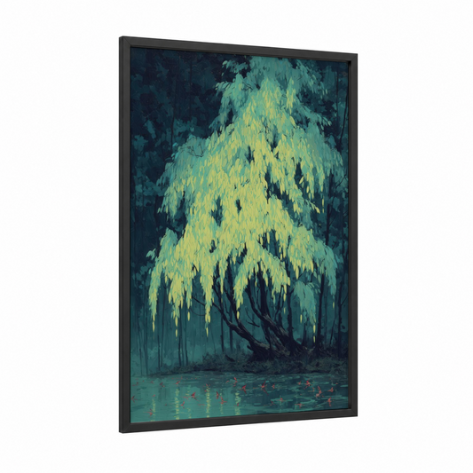Luminous Willow framed willow tree print — black wood frame — yellow gold and teal palette