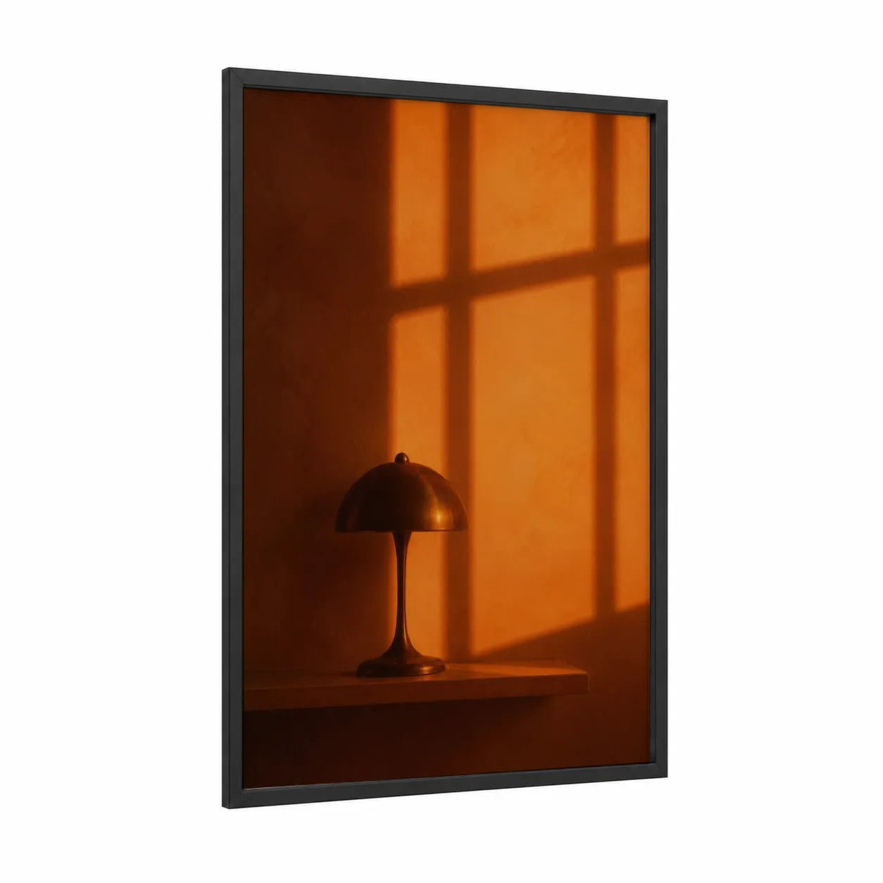 Warm Sunset Window Shadow Wall Art framed art print — black wood frame — orange and espresso palette