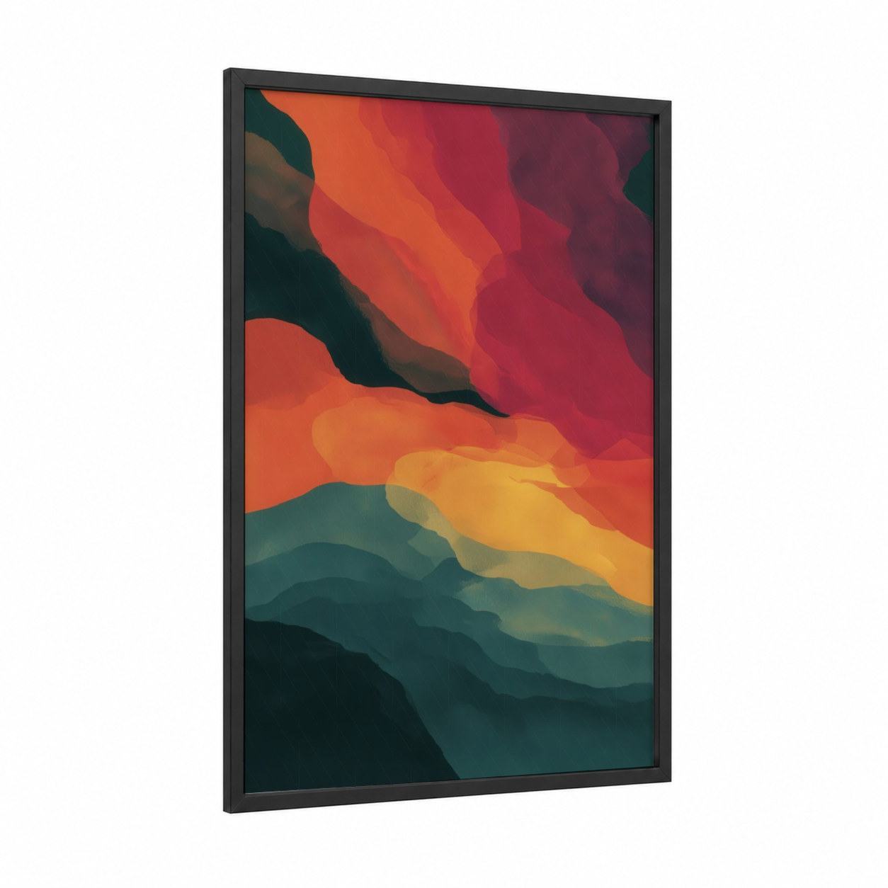 Crimson Rainbow Layers framed art print — black wood frame — red and gold and teal palette