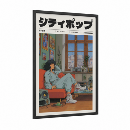 Chill Lofi Girl framed anime and manga print — black wood frame — blue and orange palette