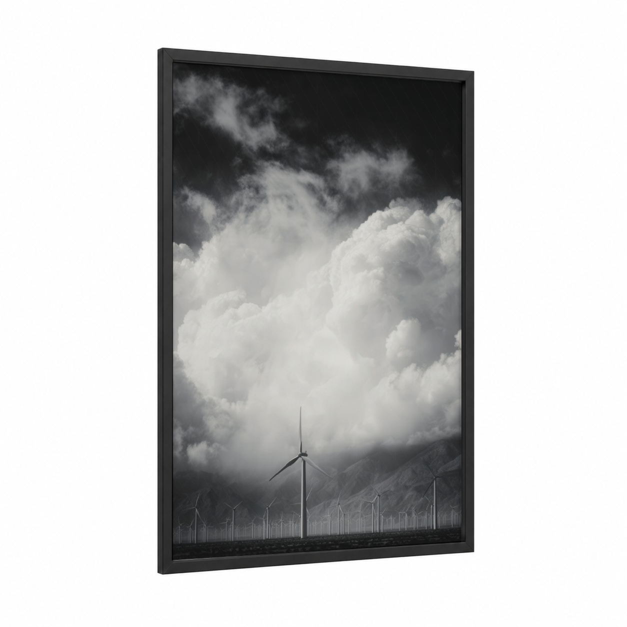 Storm Wind Turbine framed art print — black wood frame — black and white and gray palette