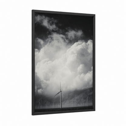 Storm Wind Turbine framed art print — black wood frame — black and white and gray palette