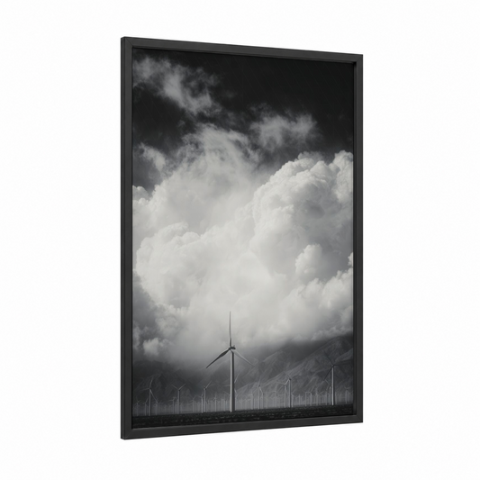 Storm Wind Turbine framed art print — black wood frame — black and white and gray palette