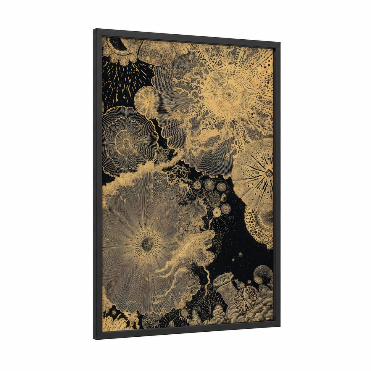 Golden Sea Urchin framed art print — black wood frame — gold and black palette