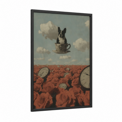 Teacup Bulldog framed art print — black wood frame — russet and dove gray palette