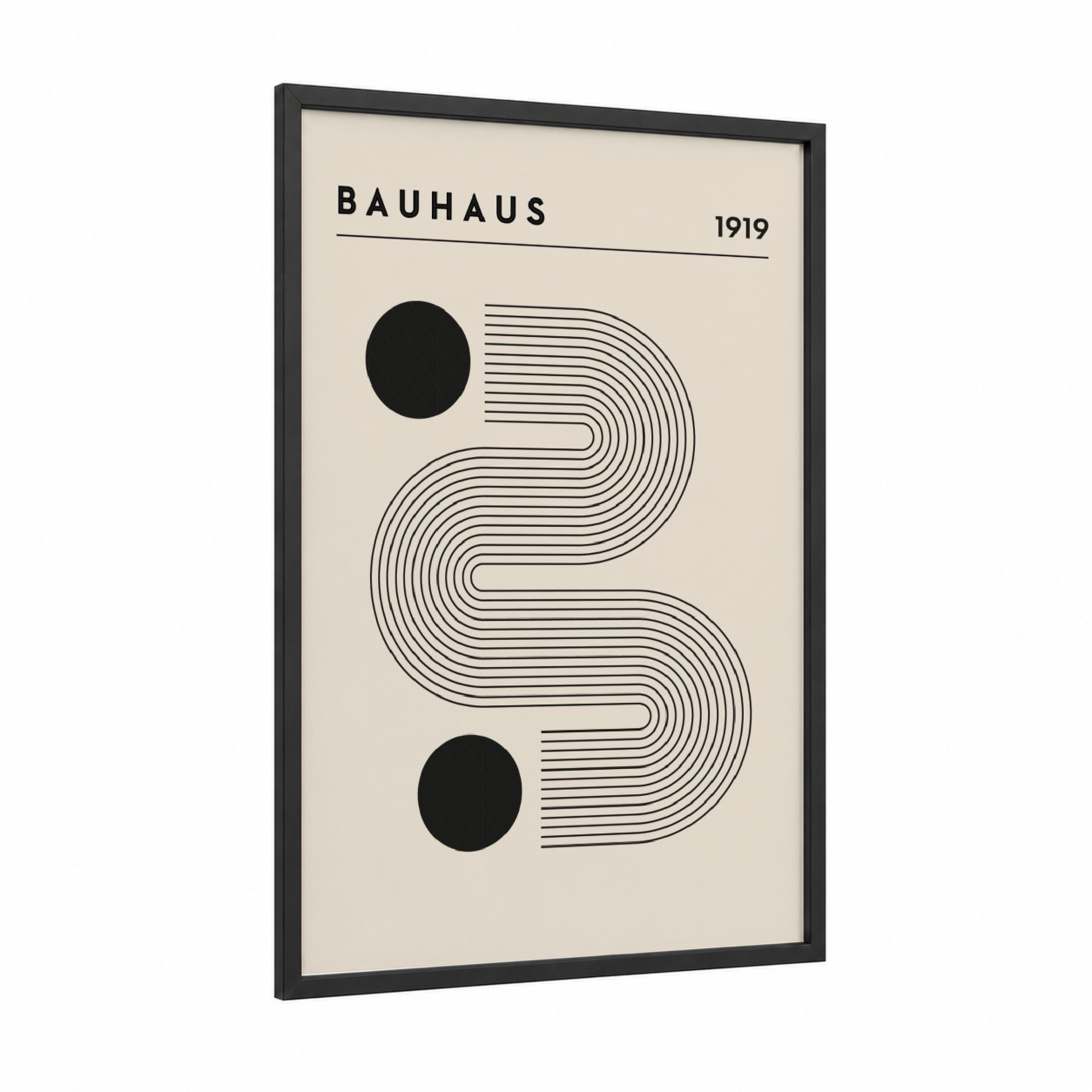 Bauhaus Geometry framed abstract geometric print — black wood frame — black and white and cream palette