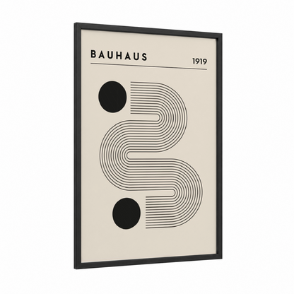 Bauhaus Geometry framed abstract geometric print — black wood frame — black and white and cream palette