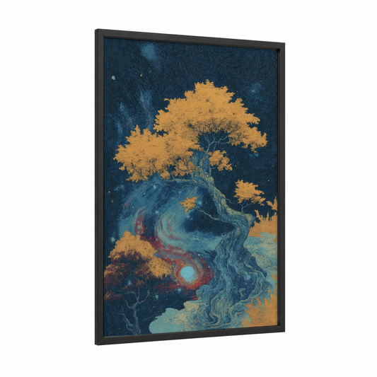 Golden Bonsai Night framed bonsai tree print — black wood frame — gold and dark blue palette