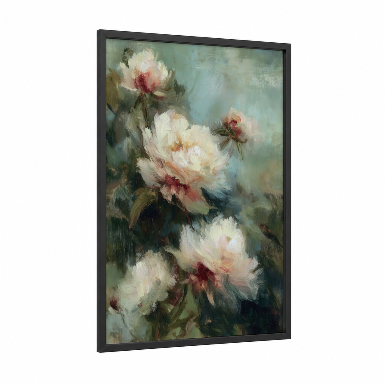 Cream Peony Cluster framed art print — black wood frame — cream and sage green palette