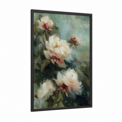 Cream Peony Cluster framed art print — black wood frame — cream and sage green palette