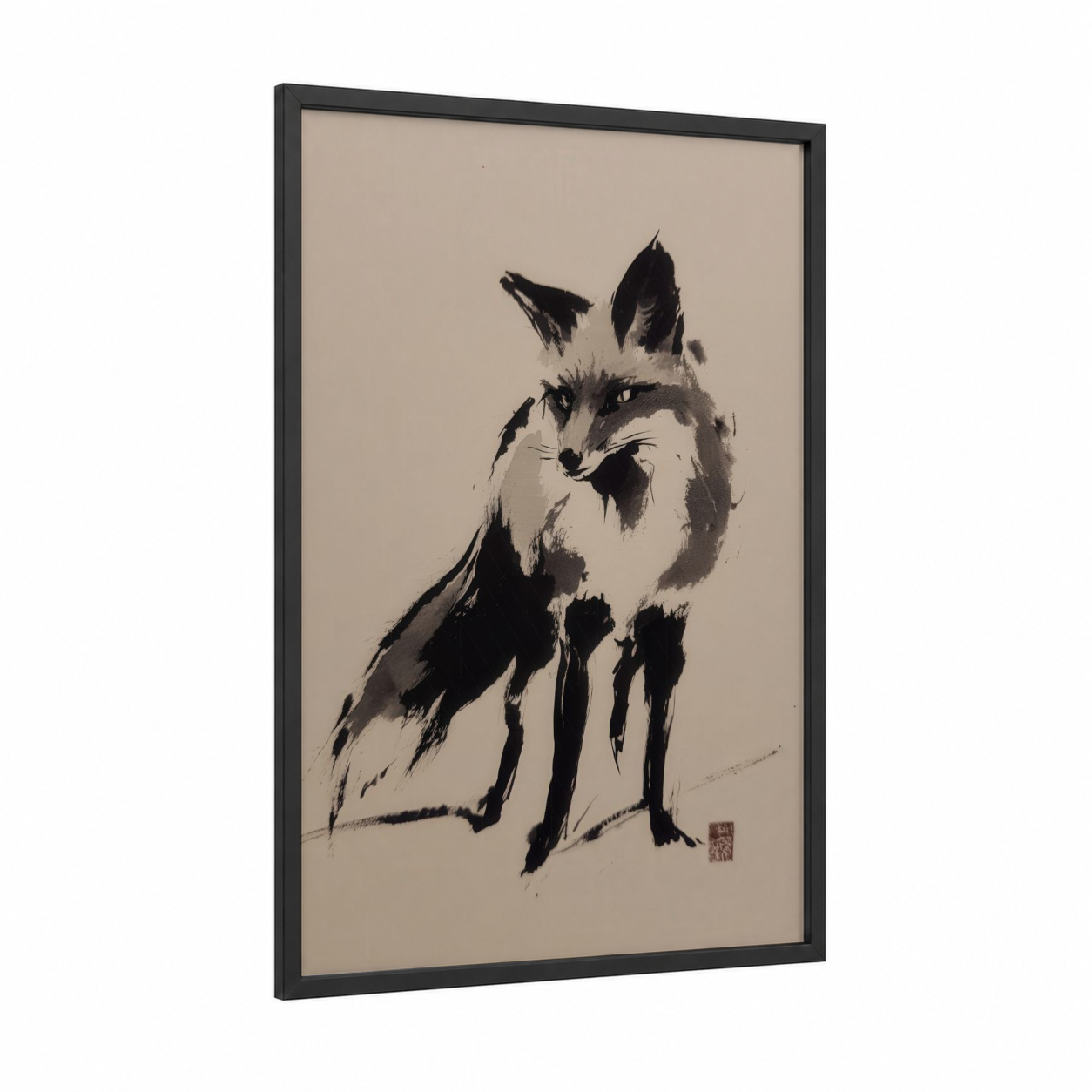 Minimalist Fox framed art print — black wood frame — black and white and gray palette