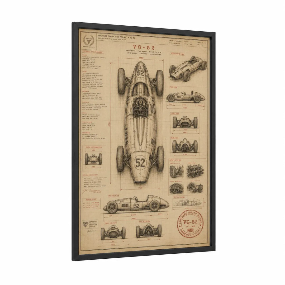 Vintage Racing Car Blueprint Wall Art framed auto racing print — black wood frame — beige and cream palette