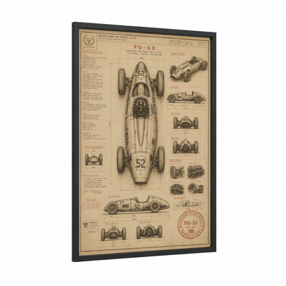 Vintage Racing Car Blueprint Wall Art framed auto racing print — black wood frame — beige and cream palette