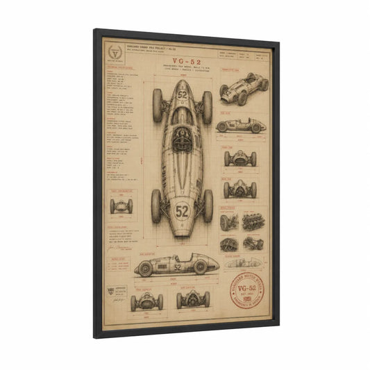 Vintage Racing Car Blueprint Wall Art framed auto racing print — black wood frame — beige and cream palette