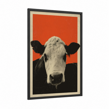 Bold Hereford framed hereford cow print — black wood frame — red and black and white palette