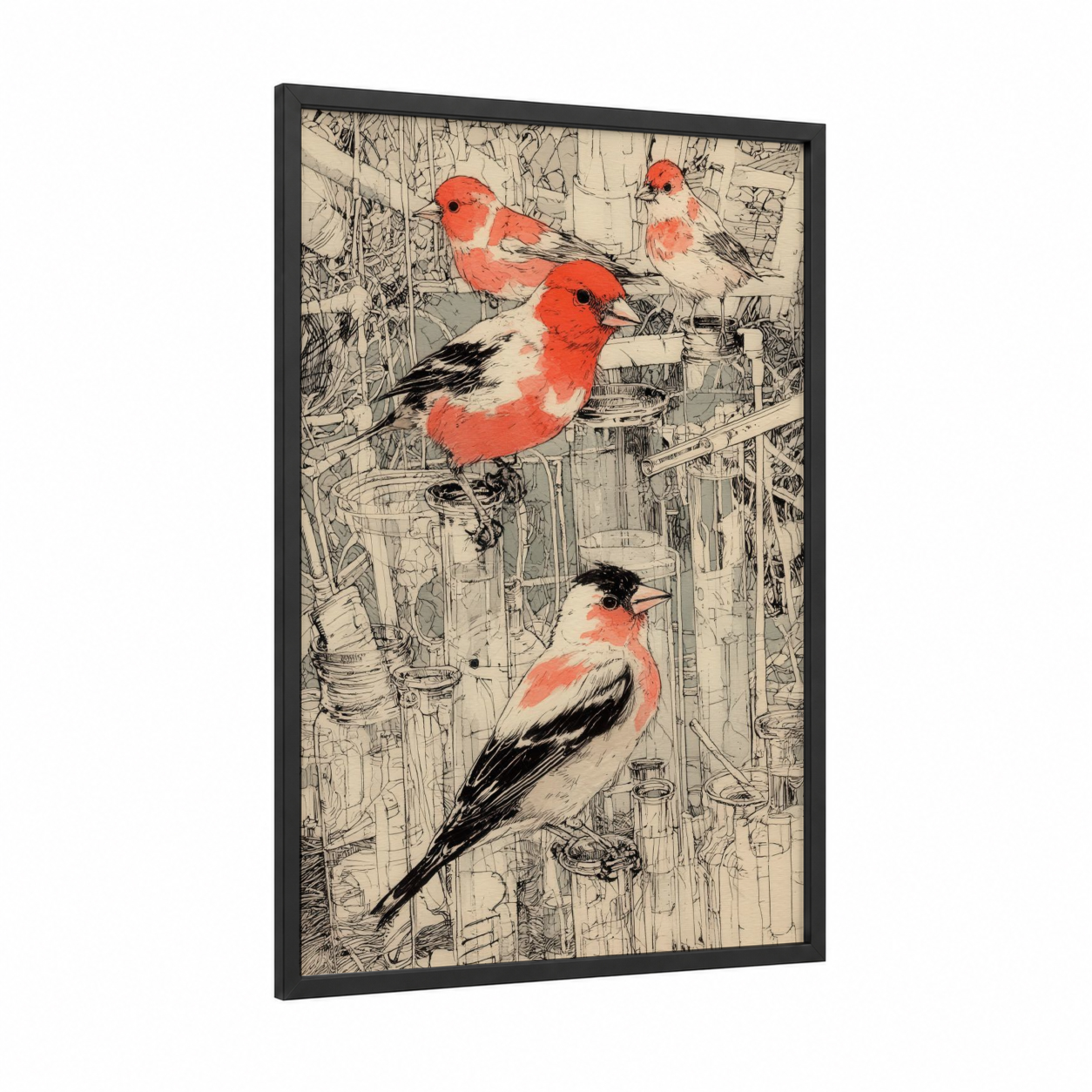 Scarlet Finch Trio framed art print — black wood frame — red and cream palette