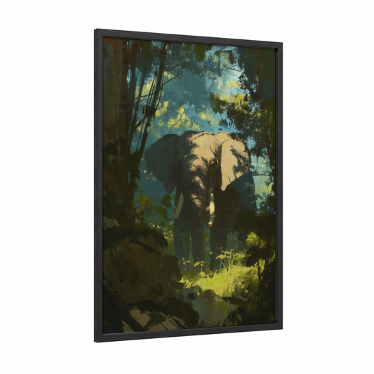 Jungle Elephant framed asian elephant print — black wood frame — teal and yellow gold palette