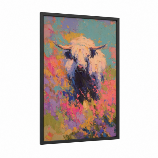 Colorful Yak framed art print — black wood frame — magenta and turquoise palette