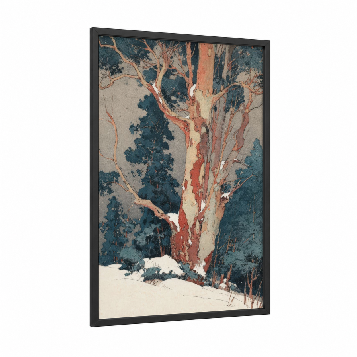 Snowy Arbutus framed arbutus tree print — black wood frame — teal and cream palette