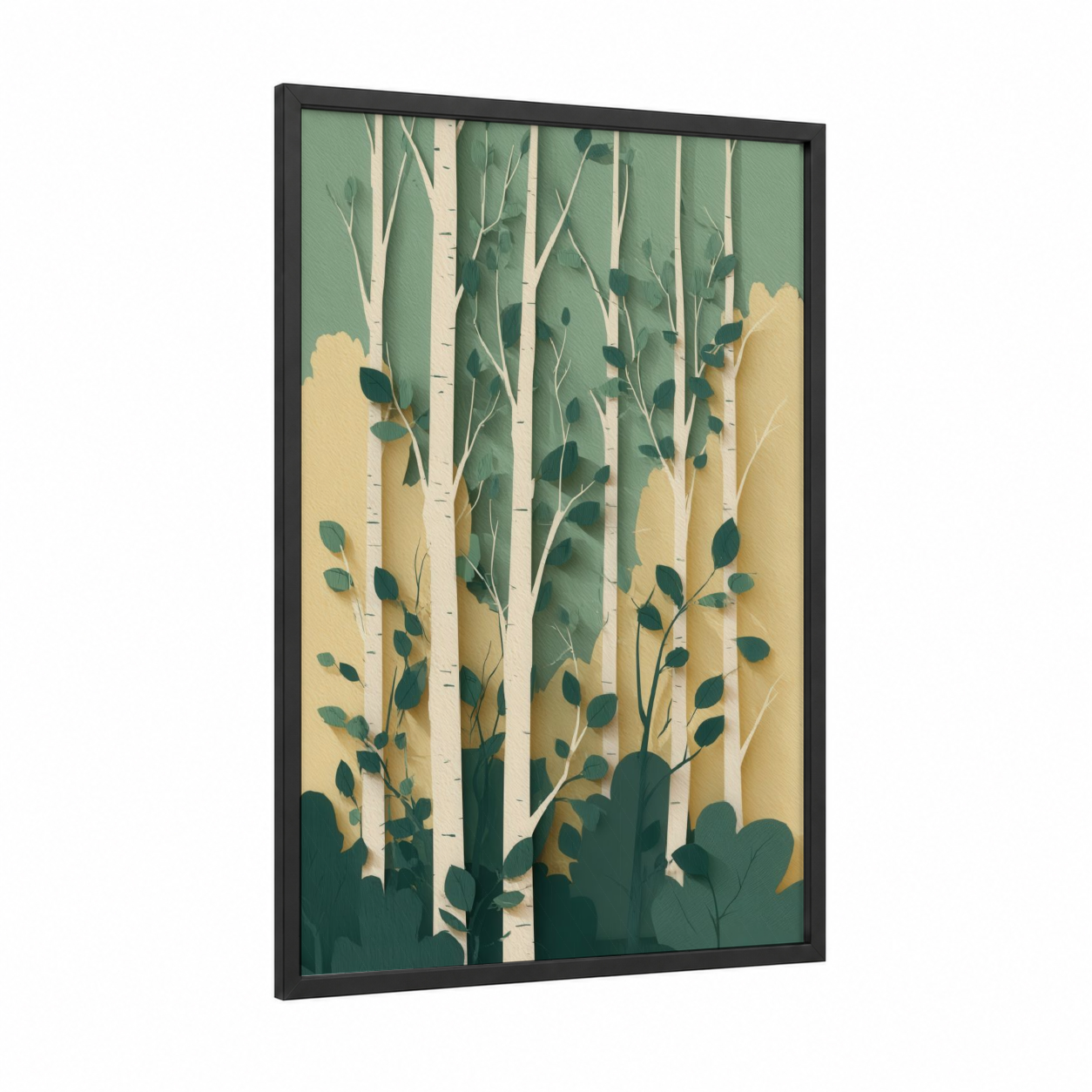 Golden Birch Forest framed art print — black wood frame — light green and champagne gold palette