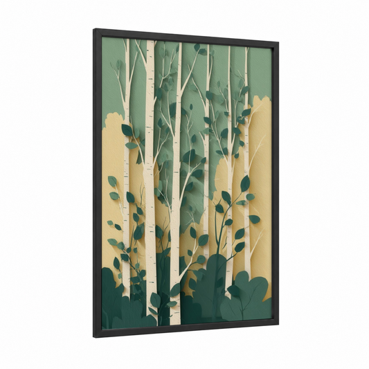 Golden Birch Forest framed art print — black wood frame — light green and champagne gold palette
