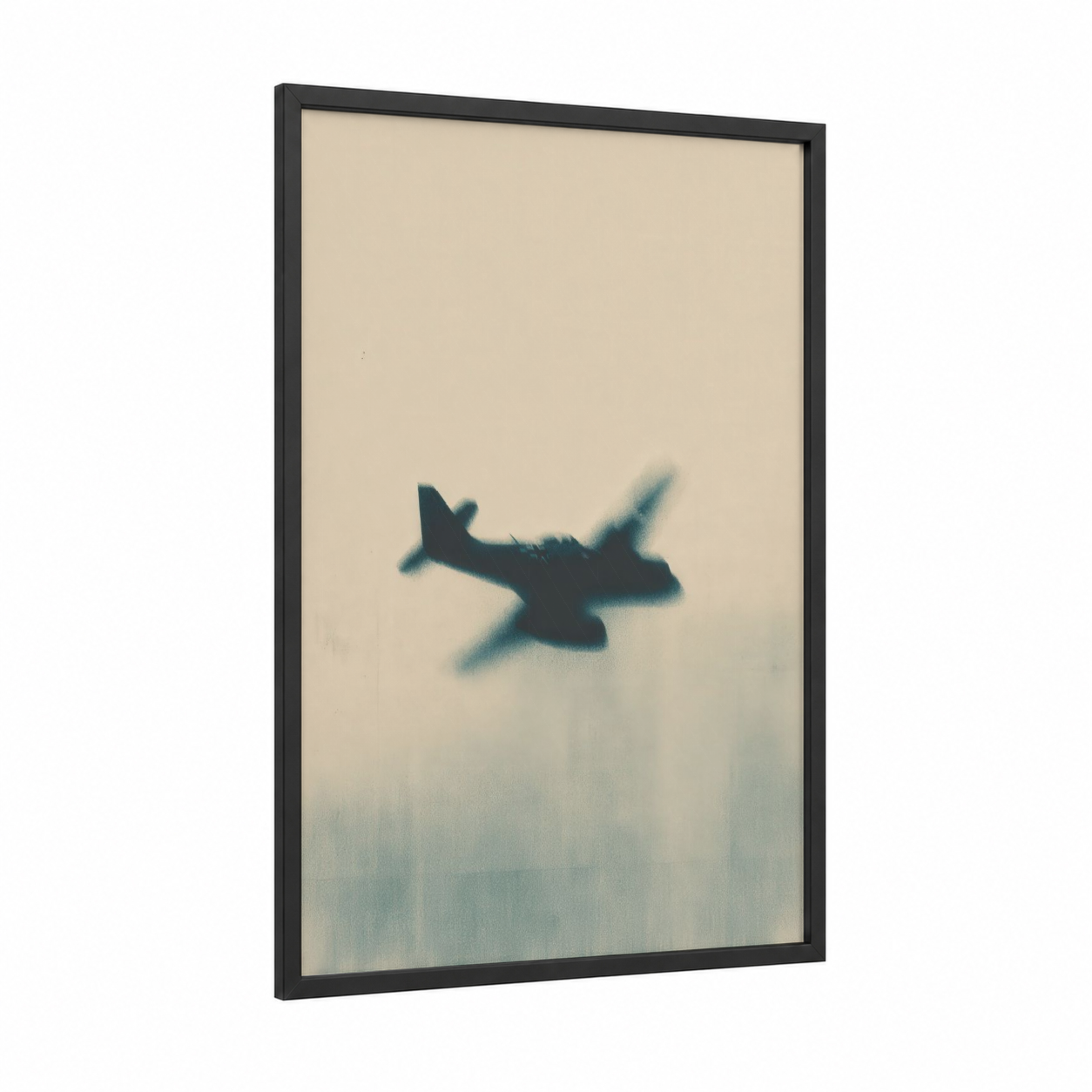 Silhouette Fighter framed military plane print — black wood frame — beige and dark blue palette