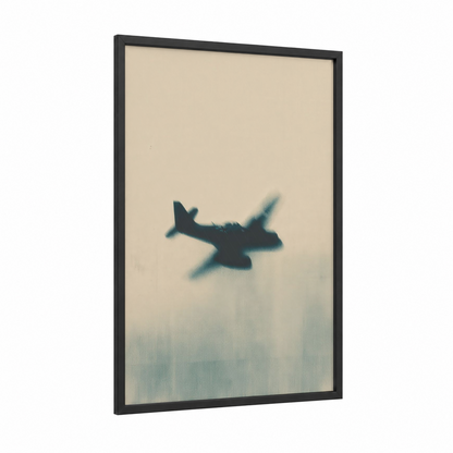 Silhouette Fighter framed military plane print — black wood frame — beige and dark blue palette