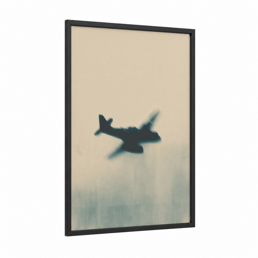 Silhouette Fighter framed military plane print — black wood frame — beige and dark blue palette