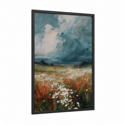 Stormy Ranunculus framed art print — black wood frame — teal and orange palette