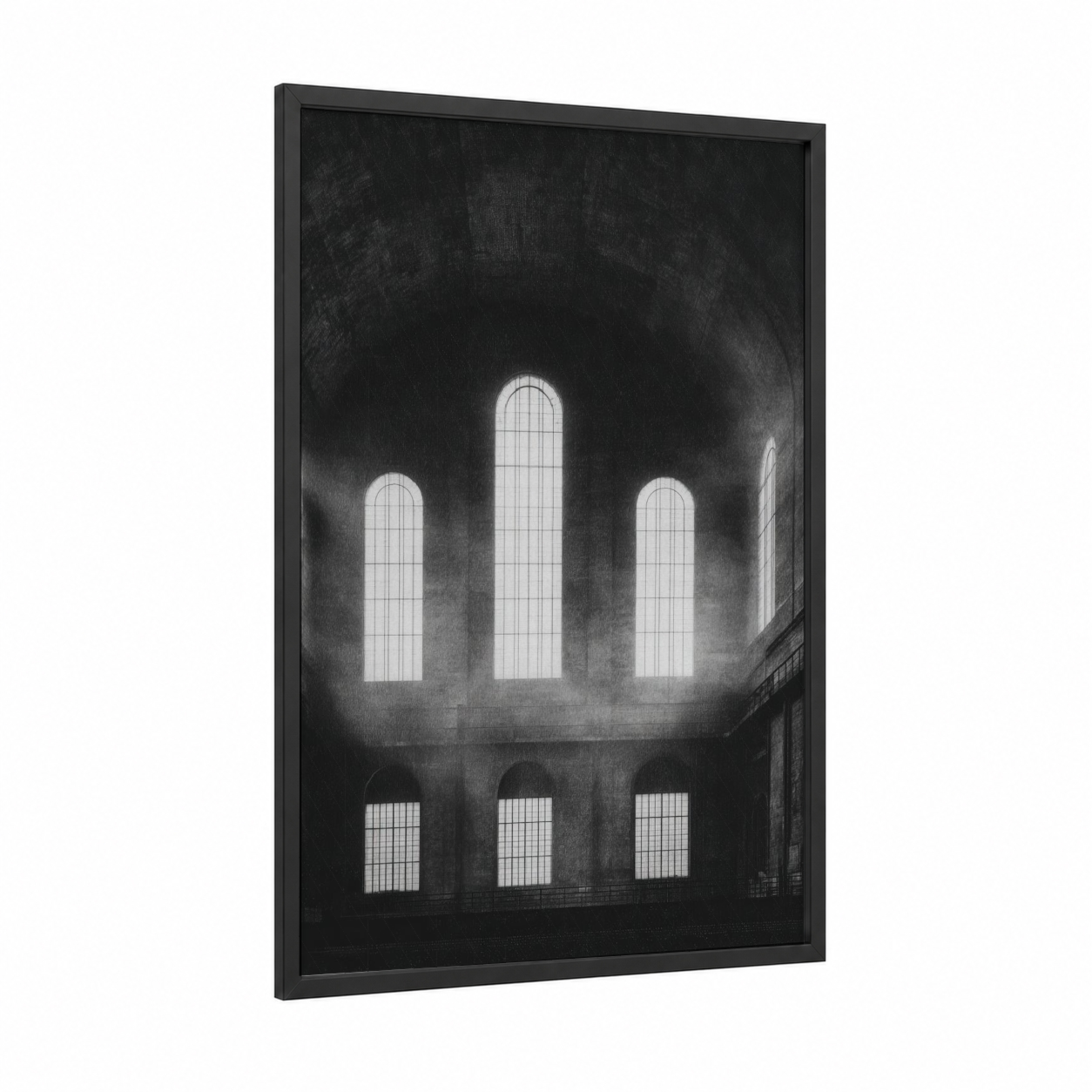 Industrial Cathedral Light framed power plant print — black wood frame — black and white palette