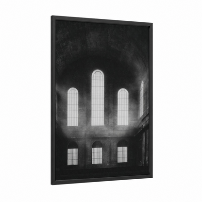 Industrial Cathedral Light framed power plant print — black wood frame — black and white palette