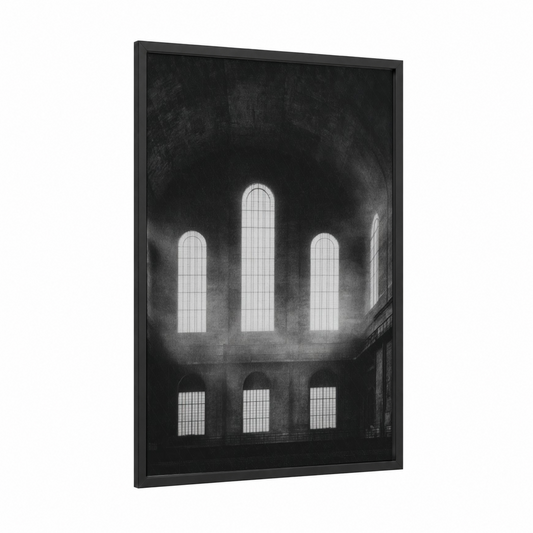 Industrial Cathedral Light framed power plant print — black wood frame — black and white palette