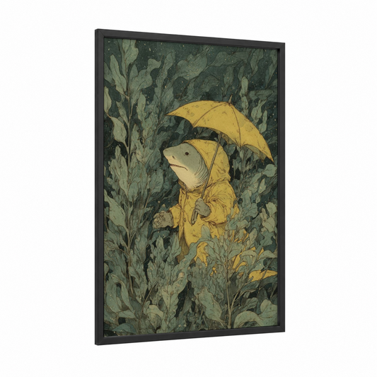 Rainy Lemon Shark framed art print — black wood frame — dark green and yellow gold palette
