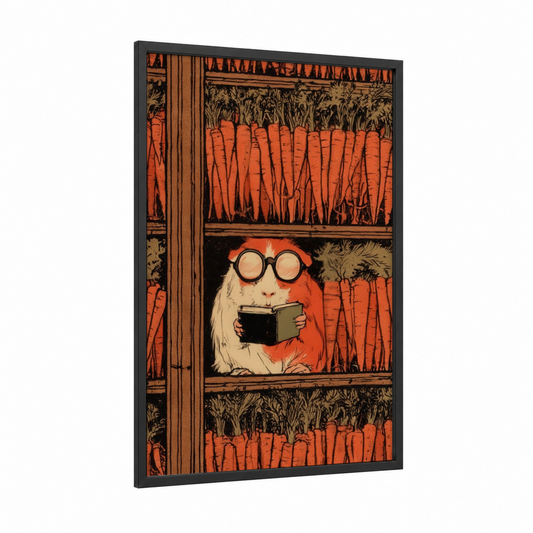 Bookish Guinea Pig framed art print — black wood frame — orange and beige palette