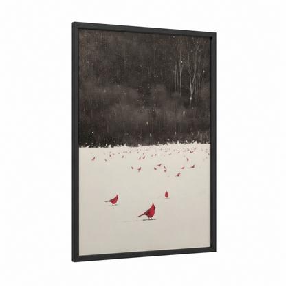 Snowy Cardinals framed art print — black wood frame — white and maroon palette