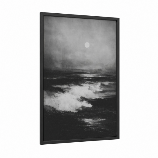 Moonlit Ocean framed night sky print — black wood frame — black and white and gray palette