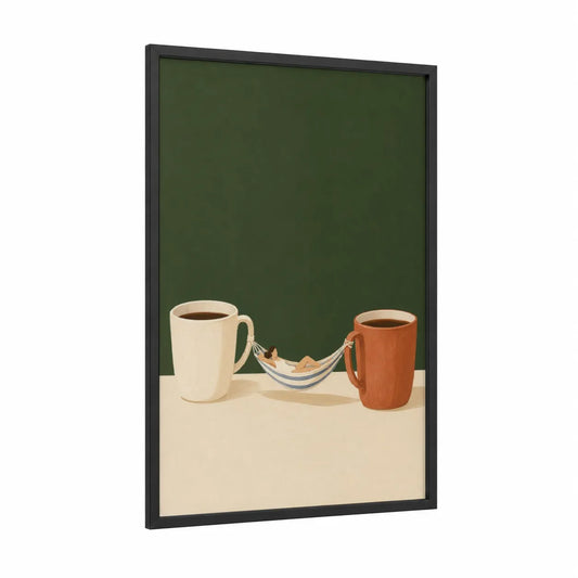 Relaxing Coffee Hammock Wall Art framed art print — black wood frame — beige and dark green palette