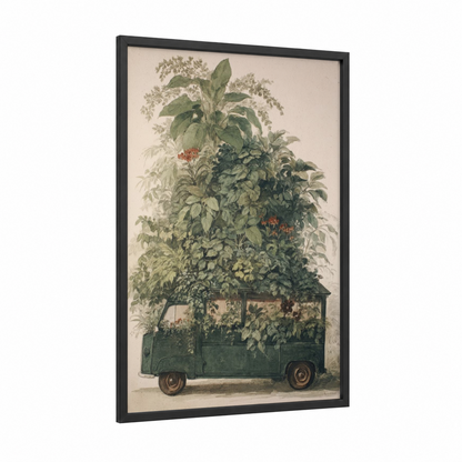 Botanical Van framed art print — black wood frame — green and cream palette