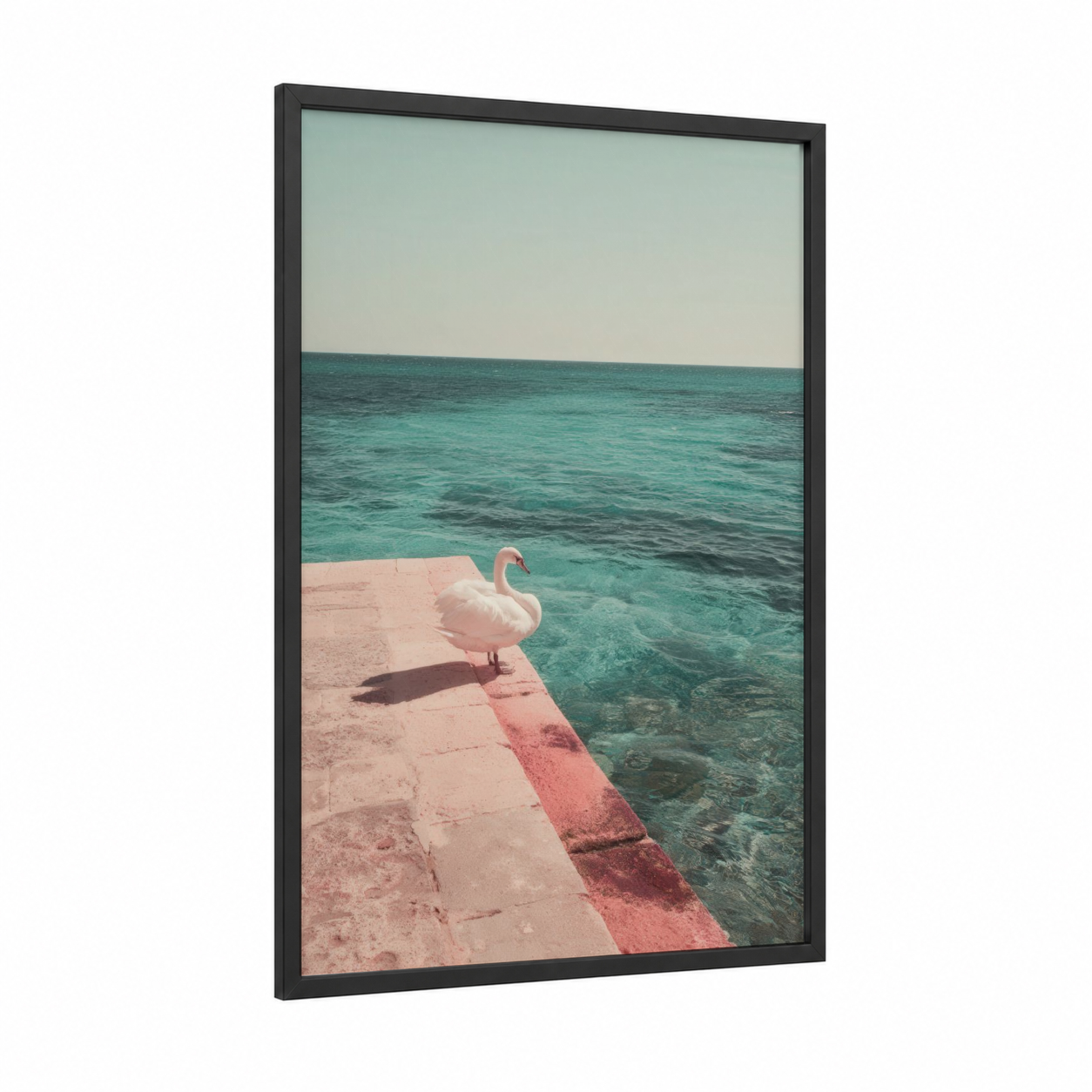 Coastal Swan Perch framed art print — black wood frame — turquoise and peach palette
