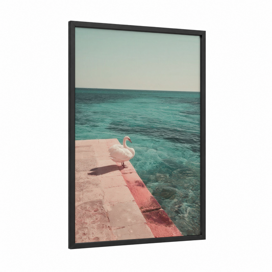 Coastal Swan Perch framed art print — black wood frame — turquoise and peach palette