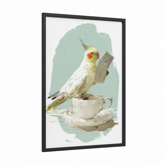 Reading Cockatiel framed art print — black wood frame — light green and white palette