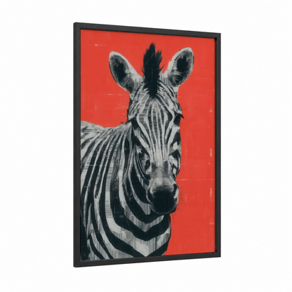 Crimson Zebra framed art print — black wood frame — red and black and white palette