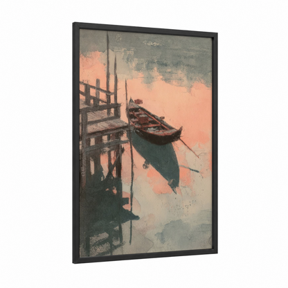 Venetian Gondola framed art print — black wood frame — peach and teal palette