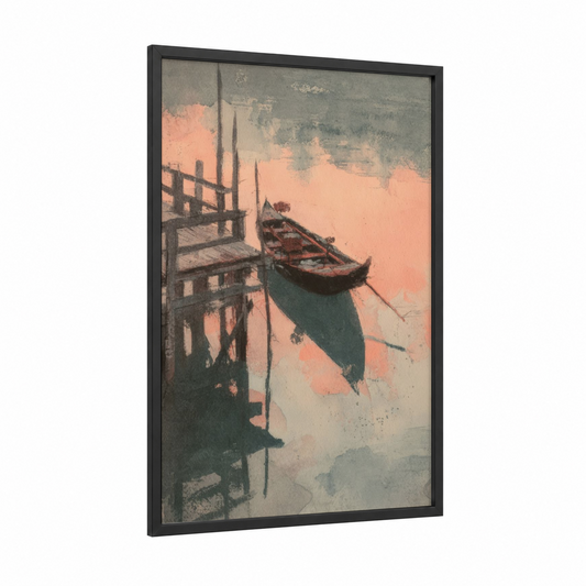 Venetian Gondola framed art print — black wood frame — peach and teal palette