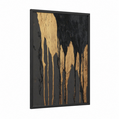 Golden Drip Pottery framed art print — black wood frame — gold and black palette