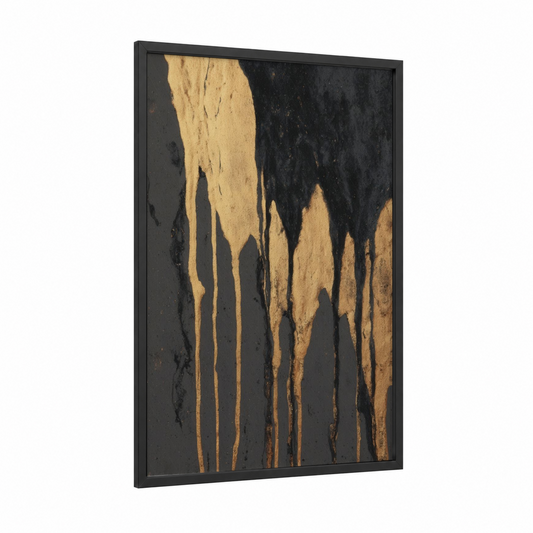 Golden Drip Pottery framed art print — black wood frame — gold and black palette