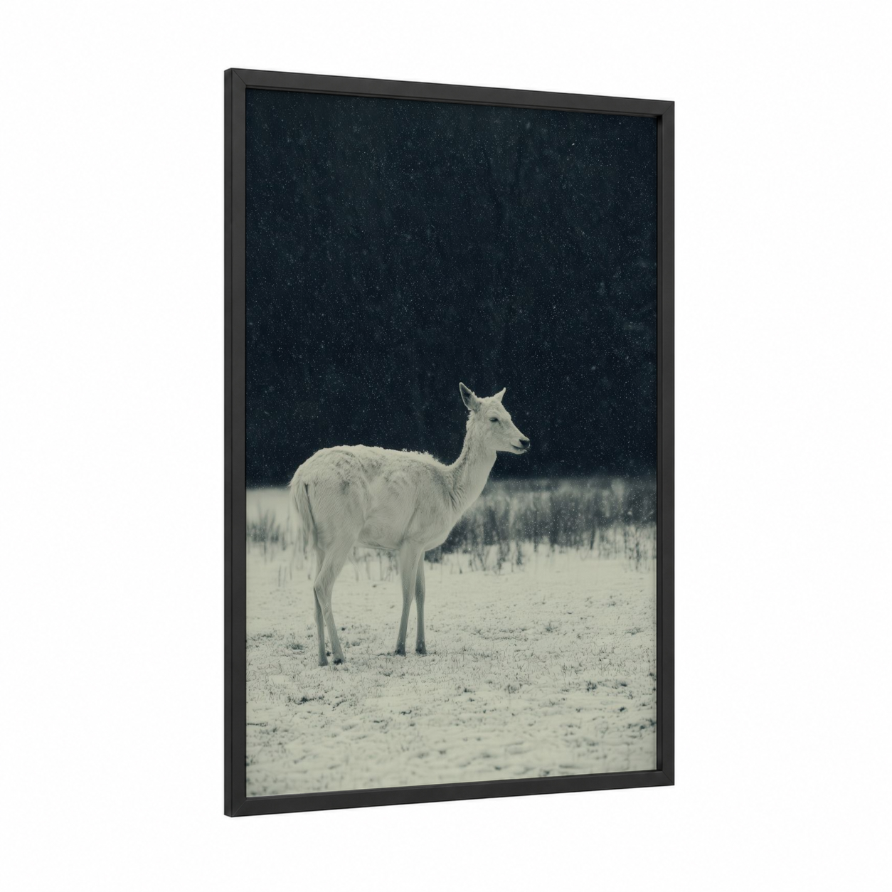 Winter Antelope framed art print — black wood frame — black and white and dark blue palette