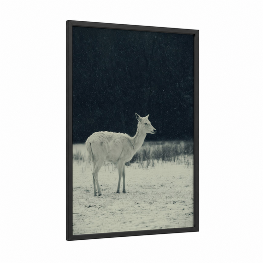 Winter Antelope framed art print — black wood frame — black and white and dark blue palette