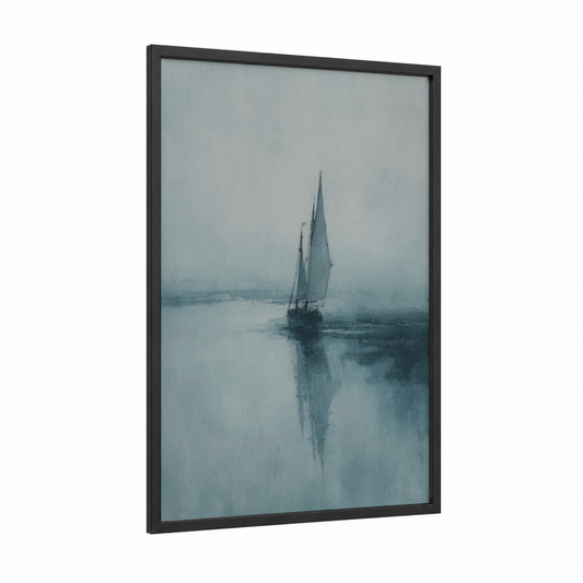 Misty Sailing Ship framed art print — black wood frame — gray and blue and white palette