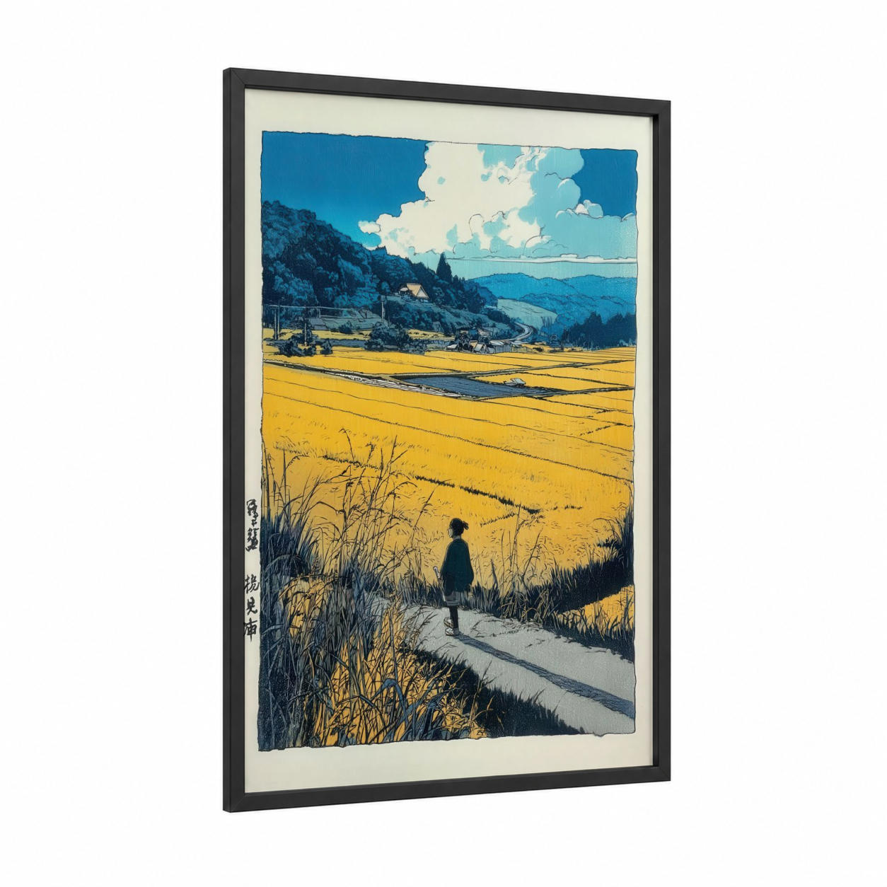 Golden Field Wanderer framed various landscapes print — black wood frame — gold and blue palette
